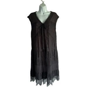 Garnet Hill Black Lace Tiered Dress Size Large Sleeveless Lined Tie Front